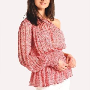 Monique Lhuillier Red Micro Floral Print One Shoulder Cinched Waist Top